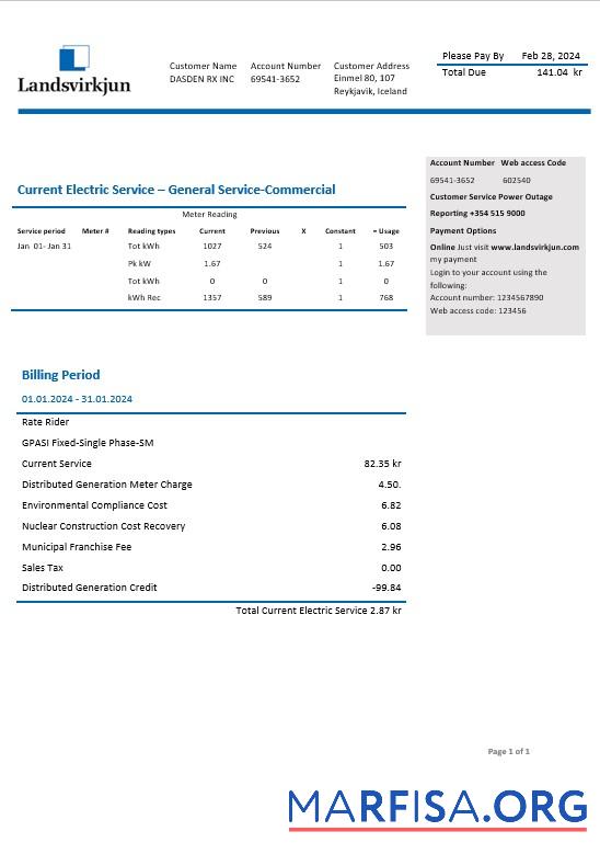 Downloadable Iceland National Power Company of Iceland Landsvirkjun electricity business utility bill template in Word and PDF formats